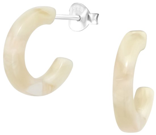 Joy|S - Zilveren 14 mm oorringen - halve hoepel oorbellen stud - cream marmer look