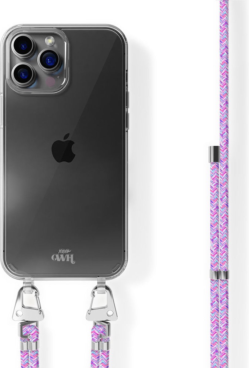 xoxo Wildhearts siliconen hoesje - Geschikt voor iPhone 15 Pro Max - Purple Fever - Telefoonhoesje - Hoesje met koord - telefoonkoord - Paars - Transparant hoesje