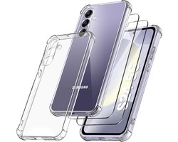 Hoesje geschikt voor Samsung Galaxy S24 Hoesje transparant - Anti Shock silicone hoesje Galaxy S24 case met 2 Pack Screenprotector tempered glass voor Samsung S24