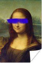 Mona Lisa van oude meester Leonardo da Vinci met blauwe penseelstreek 60x90 cm - Foto print op Poster (wanddecoratie woonkamer / slaapkamer)