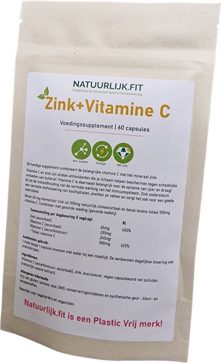 Vitamine C + Zink | Voedingssupplement | Plasticvrij | Vegan | Nederlands product | Therapeutische kwaliteit