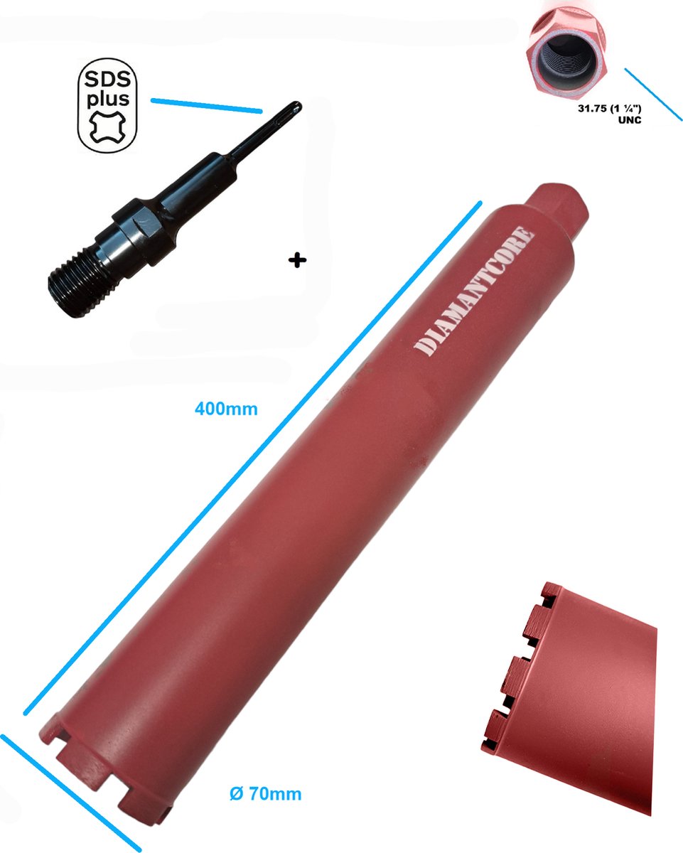 SDS-Plus Adapter + diamantboor betonboor Ø70 x 400mm gatenboor kernboor diamantboorkroon diamant boor kernboormachine airco boorkroon aansluiting boormachine 1-1/4'' UNC schroefdraad