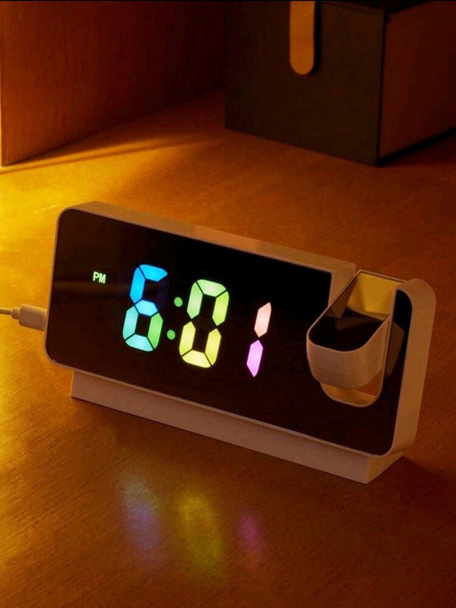 EVILTO Wekker met projectie, 180 graden, plafond, elektrisch, digitale klok, sluimerfunctie, 12/24 uur, verstelbaar volume, moderne wekkerwekker voor thuis, met EU-stekker, Zwart