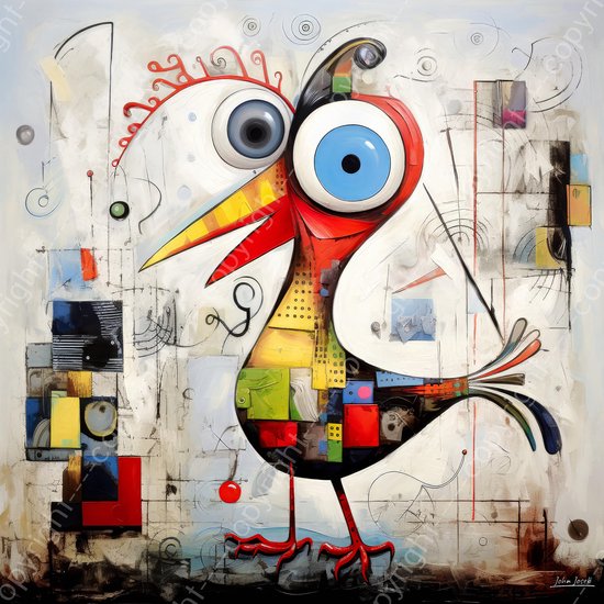 JJ-Art (Glas) 80x80 | Grappige gekkle vogel, abstract, Joan Miro stijl, surrealisme, kunst | Kip, haan, dier, humor, blauw, rood, geel, grijs, modern, vierkant | Foto-schilderij-glasschilderij-acrylglas-acrylaat-wanddecoratie