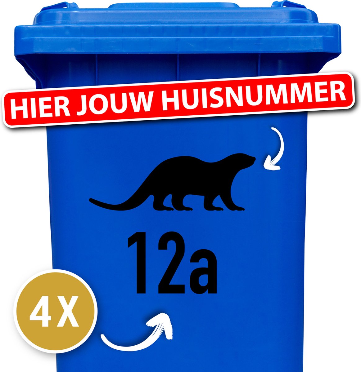 Container Sticker Huisnummer + Otter 4 Stuks - Zwart - 20 x 20 cm - Weerbestendige Stickers - Stickers Buiten - Containersticker Huisnummer - klikostickers - Cijfer Sticker - Kliko Sticker Huisnummer - Kliko Sticker Dieren - Brievenbus Sticker