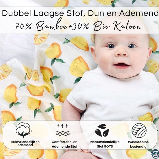 Duopack 2x BoefieBoef Citroen Geel Grote XL Hydrofiele Doek Baby - Duurzaam Eco Bamboe - Swaddle, Inbakerdoek, Hydrofiele Luier & Babydeken - Wit — afbeelding 2