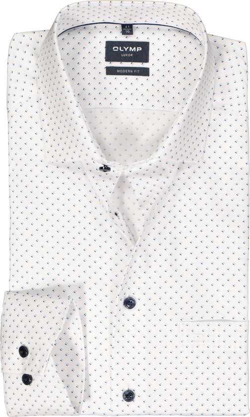 OLYMP modern fit overhemd - mouwlengte 7 - Oxford - wit met blauw dessin - Strijkvrij - Boordmaat: 38