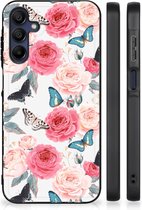 Telefoontas Geschikt voor Samsung Galaxy A15 Smartphone Hoesje met Zwarte rand Butterfly Roses