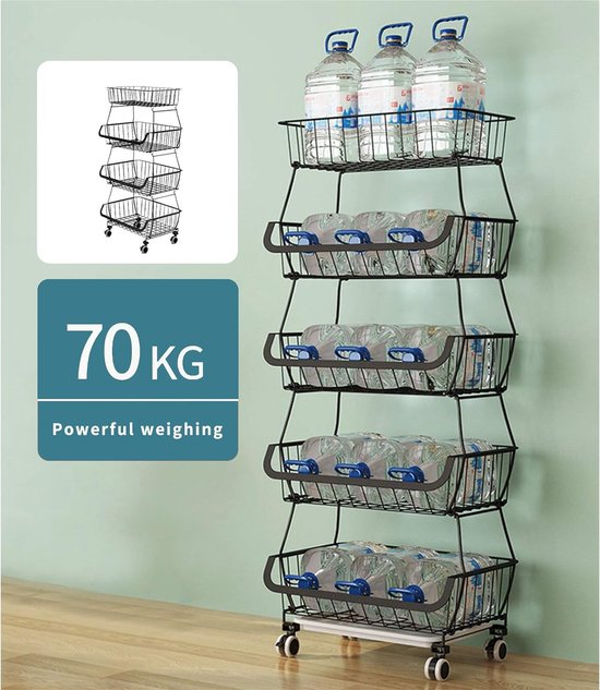 Fruit Groente Trolley Mand Rack Keuken Opslag met Wielen, Multifunctionele Rollende Opbergmand Winkelwagens Opbergrek met Organizer Manden voor Fruit, Groenten (Kleur: Nero, Maat: 5 Tier