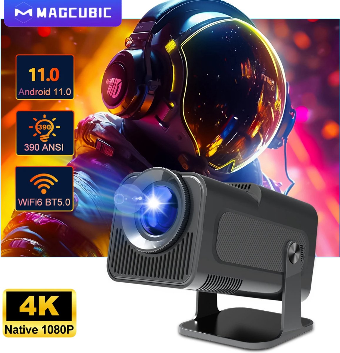 MagCubic HY320 - 2024 model - WiFi 6 mini beamer- Ultieme draagbare beamer - 4K - 390 ANSI 1080p native resolutie - Android - Apple - Bt 5.0