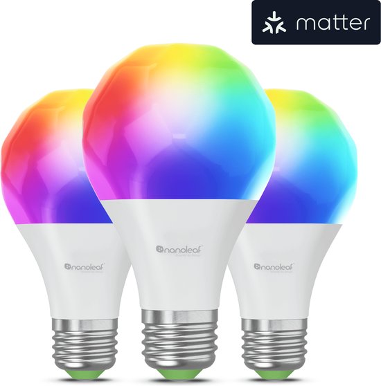 Nanoleaf Essentials Matter Lot de 3 ampoules LED E27 Connectée RGBW - Lampe Intelligente, Matter sur Thread, Bluetooth, Compatible Google, Apple, Alexa, Synchronisation Musique et Ecran, Salon Chambre Bureau Gaming