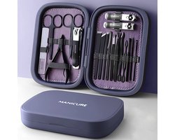 E-shop4u® - Nagelknipperset - Manicureset - Pedicureset - RVS - 18-in-1 - Nagelknippers - Pincet - Nagelvijl - Oorlepels - Reisset - Paars - Compact - Duurzaam - Professioneel - Thuisgebruik - Reis - Cadeau - Bol.com