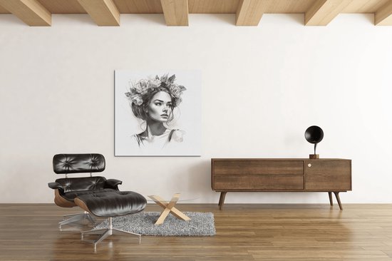 Canvas Schilderij - Vrouw met Bloemen - Portret - Grijs - Wit - 100x100x2 cm