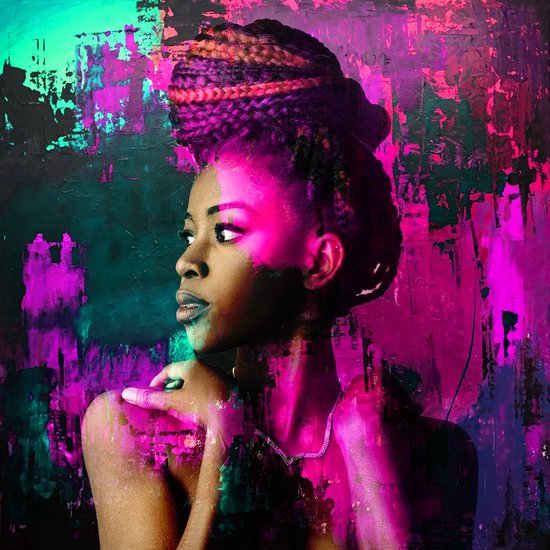 BEAUTIFUL AFRICAN WOMAN: 100x100cm Aluminium. Decoratie - Modern - Zwart - Blauw - Groen - Roze - Vrouw - Afrika