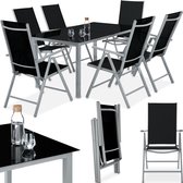 tectake® Tuinset - Tuintafel met tuinstoelen - 6 stoelen en 1 eettafel met glazen blad - Weerbestendige tuinmeubelset voor het balkon of tuin - Tuinstoelen, terrasmeubilair, 4-standenstoel - Lichtgrijs