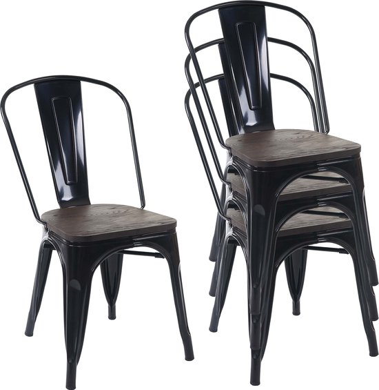 Set van 4 stoelen MCW-A73 incl. houten zitting, bistrostoel stapelstoel, metalen industrieel ontwerp stapelbaar ~ zwart
