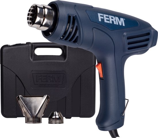 Foto: Ferm ham1015 heteluchtpistool verf afbrander 2000w 2 temperatuurstanden stationair functie ophangbeugel inclusief 2 opzetstukken koffer 3 meter kabel hot air gun