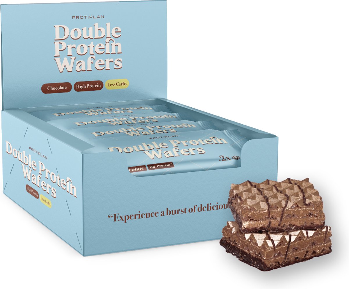 Goedkoopste Protiplan | Double Protein Wafers | Chocolate | 12 Stuks (Wafel Chocolade) | 12 x 2 x 20,9 gram | Eiwitrepen | Koolhydraatarme sportvoeding | Afslanken met Proteïne repen | Snel afvallen zonder hongergevoel!