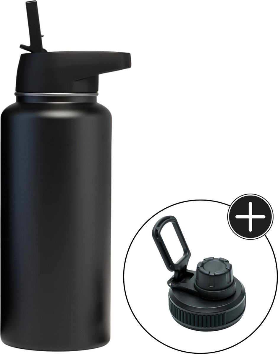 Drinkfles - Onyx Black - 1 Liter - Extra Dop Met Rietje & Drinktuit - Waterfles Met Rietje - Isoleerfles - BPA vrij - Lekvrij