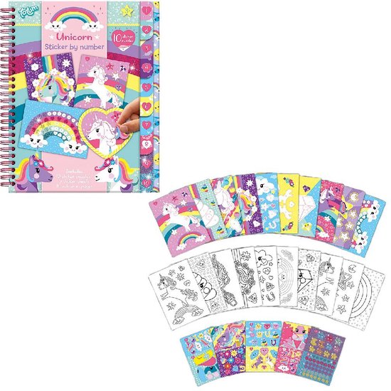 Un livre "Sticker by number" sur le thème de la licorne. Des pages à colorier et des feuilles d'autocollants sont disposées à côté du livre. La couverture avant montre un arc-en-ciel, des nuages et des licornes.