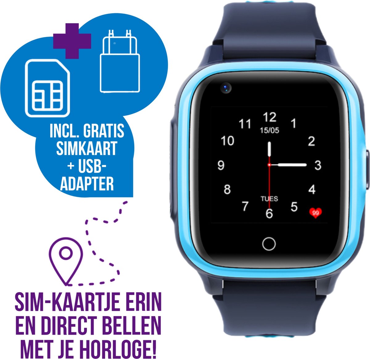 Wiesba WB36 - smartwatch kinderen - gps horloge kind - kinderhorloge bellen - gps tracker kinderhorloge - kinderhorloge met gps - kinderhorloge - Blauw