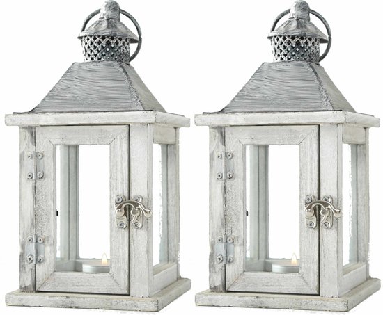 2x bougeoirs lanterne / lanterne en bois blanc 13 x 25 cm - Style de vie champêtre - Accessoires de maison pour la maison / décorations pour la maison