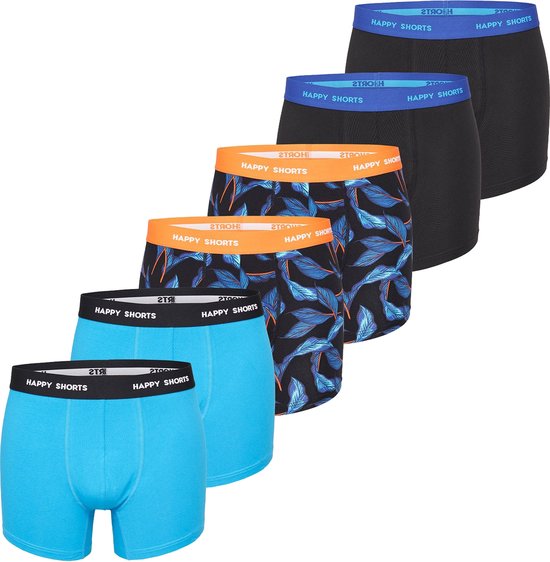 Happy Shorts Heren Boxershorts Trunks Bladeren Blauw/Zwart 6-Pack - Maat L