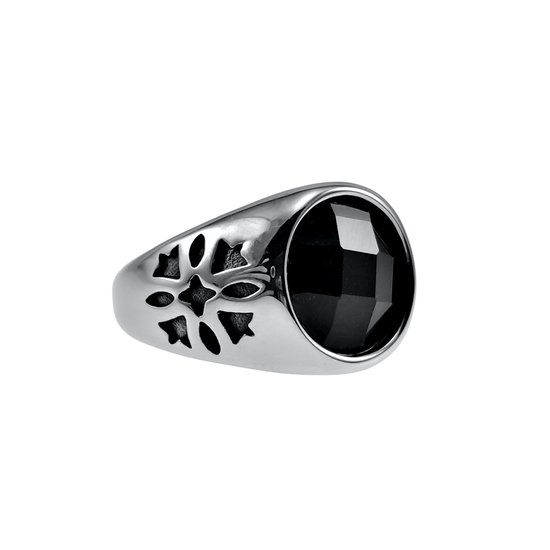 Zegelring Unisex - Gepolijst RVS - Ronde Desing - Ring met Zwarte Zirkonia Dames - Heren