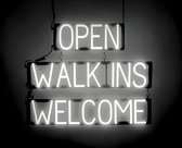 OPEN WALK INS WELCOME - Lichtreclame Neon LED bord verlicht | SpellBrite | 76 x 60 cm | 6 Dimstanden - 8 Lichtanimaties | Reclamebord neon verlichting