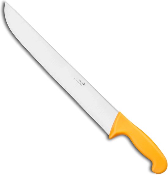 Koksmes met een 35 cm lang, glanzend stalen lemmet en een ergonomisch, geel handvat.