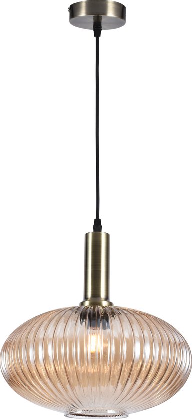 Olucia Charlois - Retro Hanglamp - Glas/Metaal - Amber;Goud - Ovaal - 30 cm