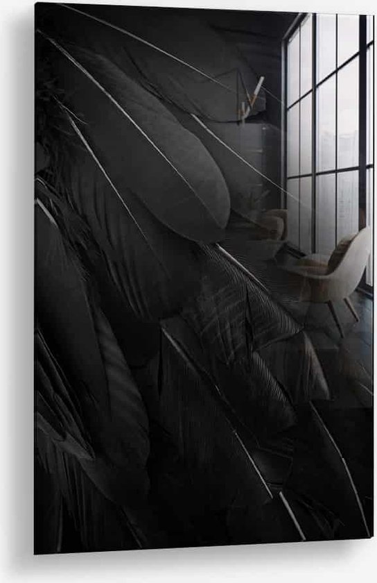 Wallfield™ - Black Feathers | Glasschilderij | Muurdecoratie / Wanddecoratie | Gehard glas | 40 x 60 cm | Canvas Alternatief | Woonkamer / Slaapkamer Schilderij | Kleurrijk | Modern / Industrieel | Magnetisch Ophangsysteem