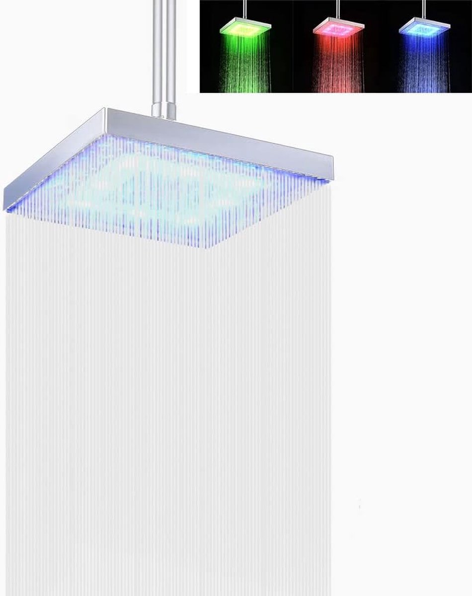 Delaveek-Vierkante LED douchekop - watertemperatuurregeling - 3 kleuren - automatische lichtwisseling - hoge druk - voor badkamers