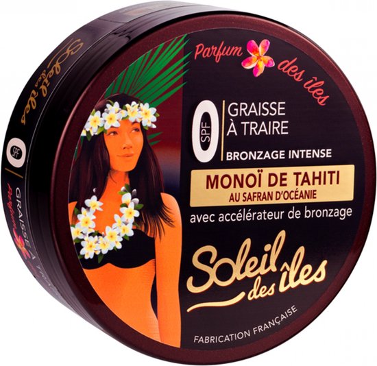 Bruinende crème met de tekst 'Soleil des îles', 'Parfum des îles', 'Graisse à traire', 'Bronzage Intense', 'Monoï de Tahiti', 'Au Safran d'Océanie' en een afbeelding van een vrouw met een bloemenkrans om haar nek en hoofd.