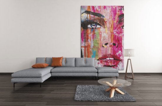 Canvas Schilderij - Vrouw Gezicht - Kleurrijk - Wanddecoratie - 150x100x2 cm