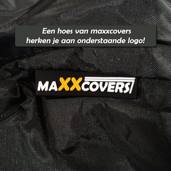 Housse noire avec le logo 'MAXXCOVERS' en jaune et blanc.