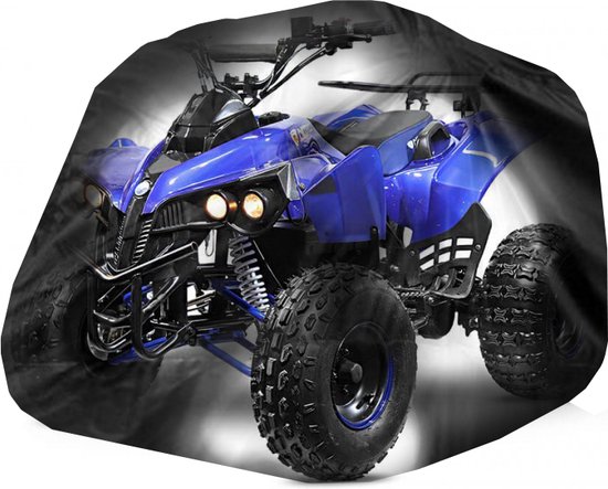 Quad bleu partiellement couvert d'une housse noire, avec de grosses roues.