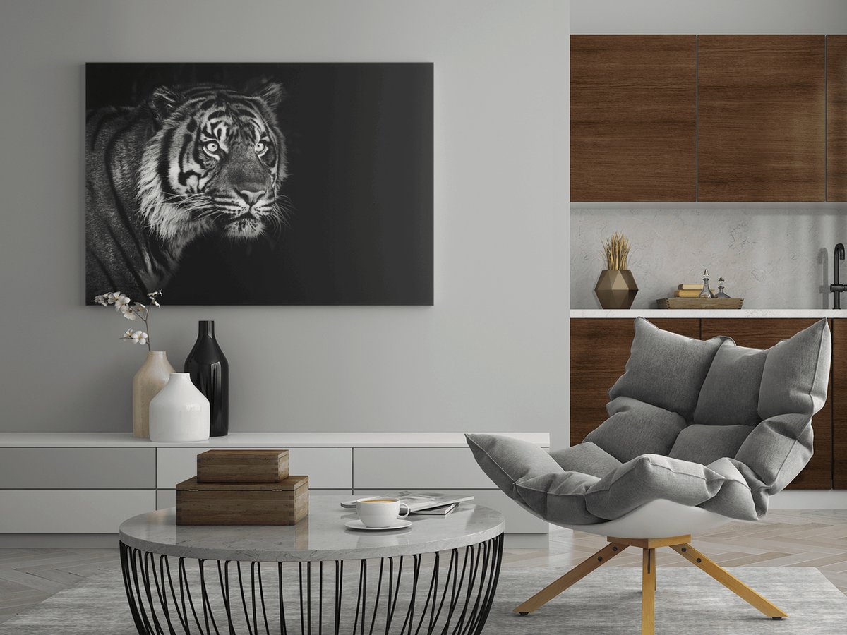 Trendex Global Canvas Schilderij Dieren - Tiger - Grijs - Dieren - Schilderijen Op Canvas - Wanddecoratie - 90x60x2 cm