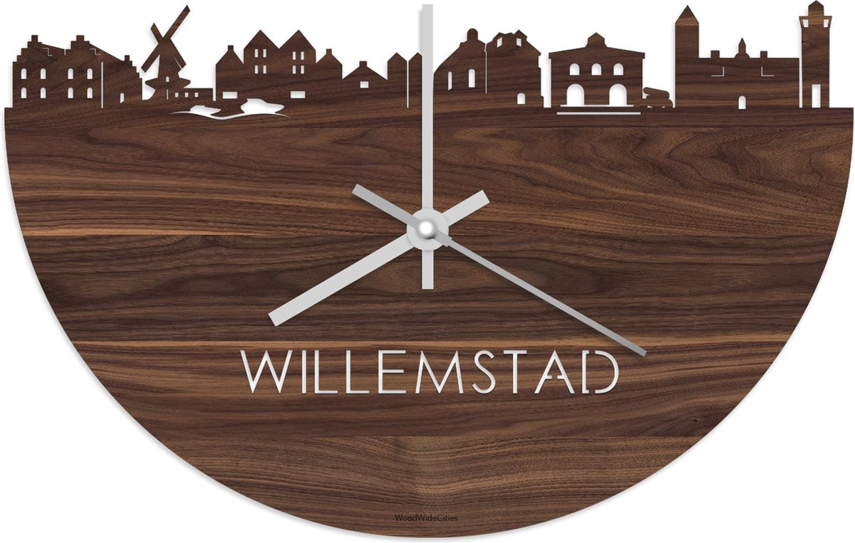 Skyline Klok Willemstad Notenhout - Ø 40 cm - Stil uurwerk - Wanddecoratie - Meer steden beschikbaar - Woonkamer idee - Woondecoratie - City Art - Steden kunst - Cadeau voor hem - Cadeau voor haar - Jubileum - Trouwerij - Housewarming -