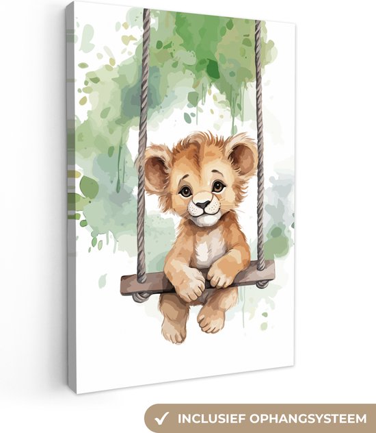 Canvas Schilderij Leeuw - Dier - Kinderen - Jungle - Kinderkamer accessoires - Babykamer decoratie - 20x30 cm - Dieren wanddecoratie voor jongen en meisje