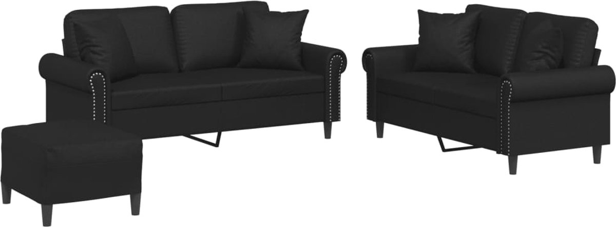 vidaXL - 3-delige - Loungeset - met - kussens - kunstleer - zwart