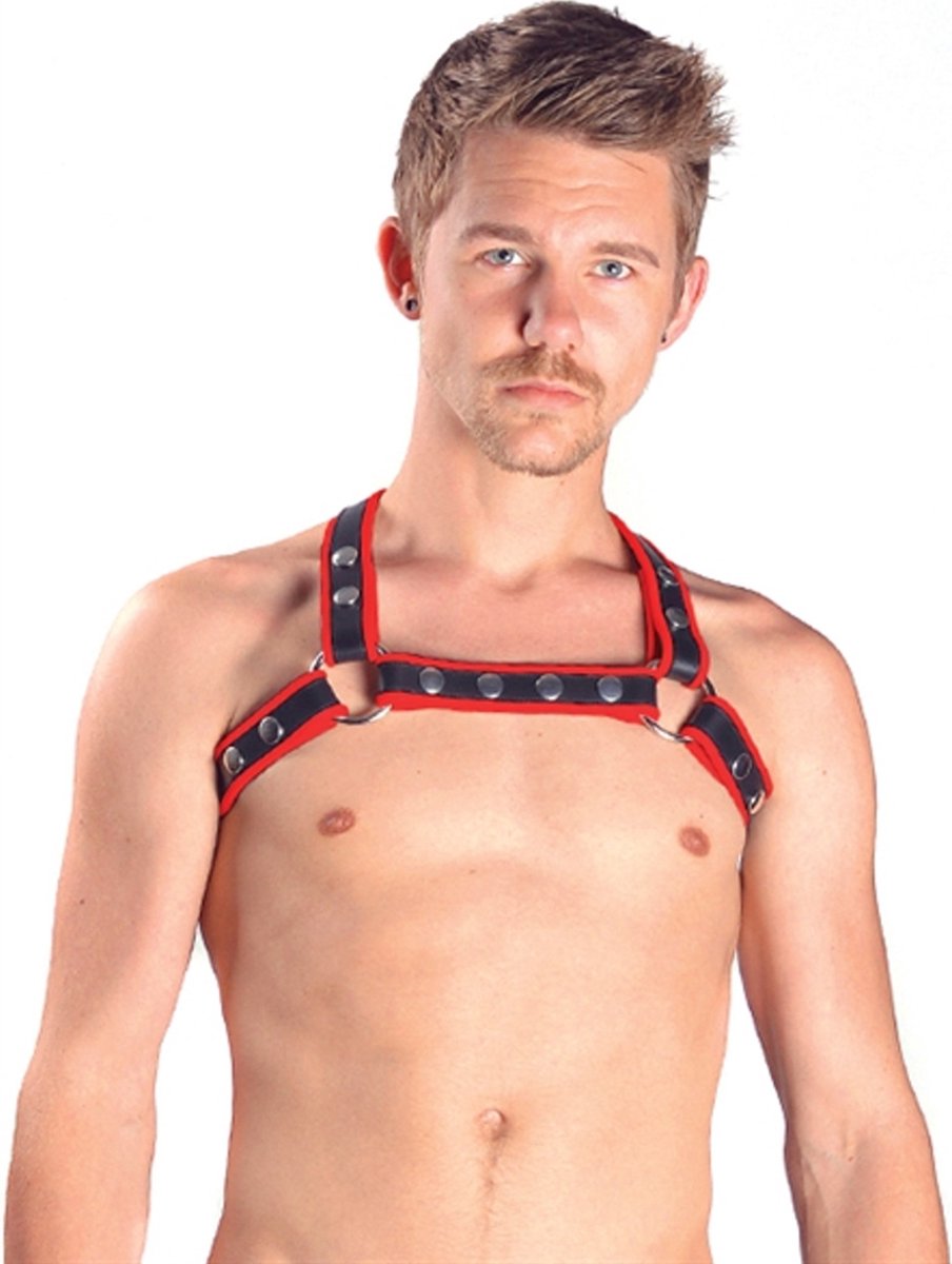Mister B leren borstharnas met kruis achterkant - zwart/rood - L - XL