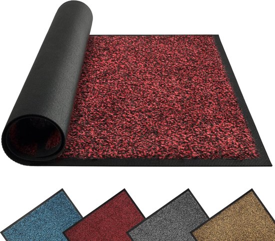 Deurmat voor binnen en buiten, 40 x 60 cm, zwart-rood, duurzaam wasbaar, voetmat, vuilvangmat antislip voor entree, deurmat met achterkant van natuurlijk rubber