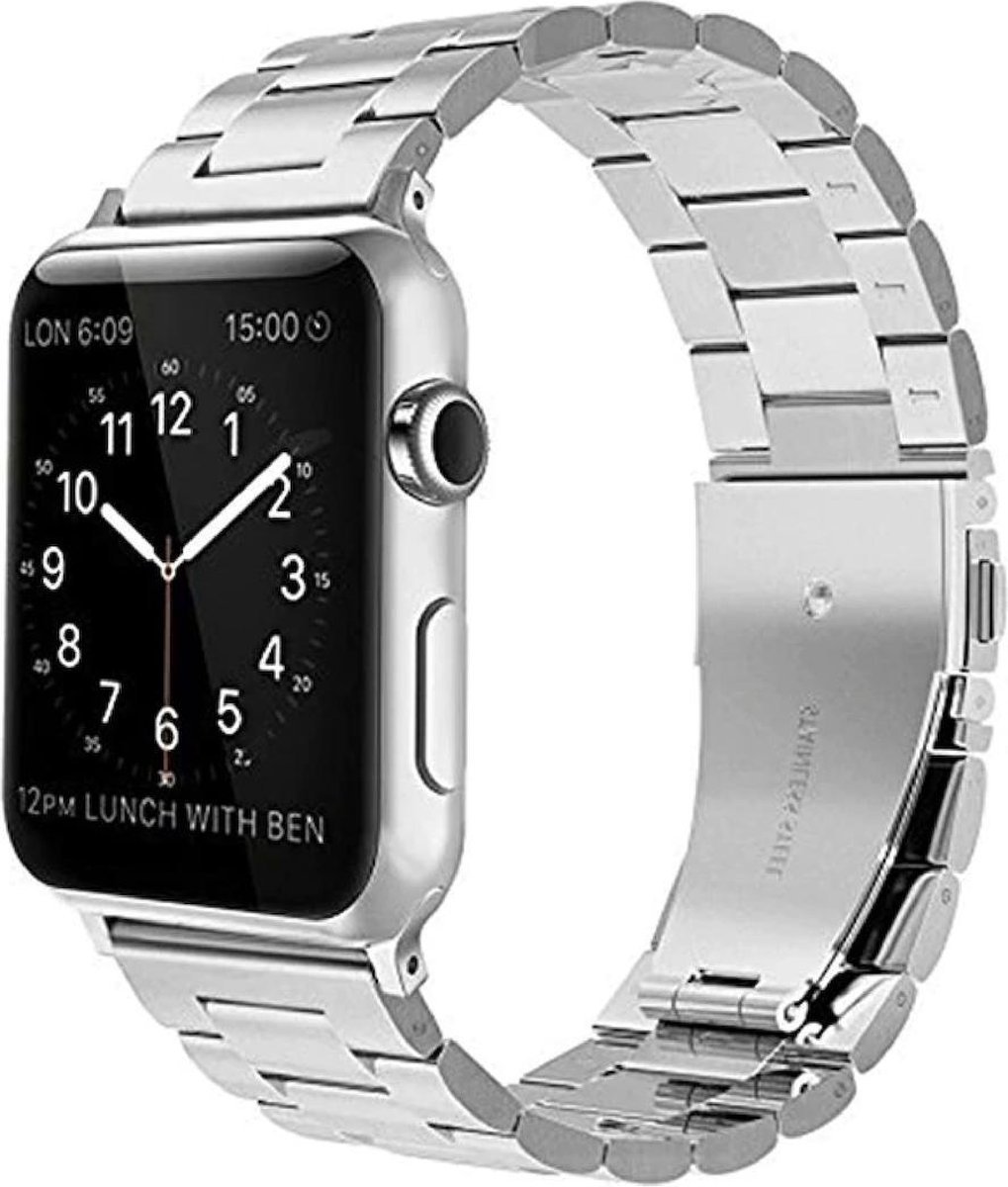 Jumada's - Stijlvolle Metalen Armband Geschikt voor Apple Watch 1/2/3/4/5/6/7/8/SE - Geschikt voor 38/40/41 mm - RVS - Zilver - Inclusief Horlogeband Inkortset - Duurzaam Stainless Steel - One-Size