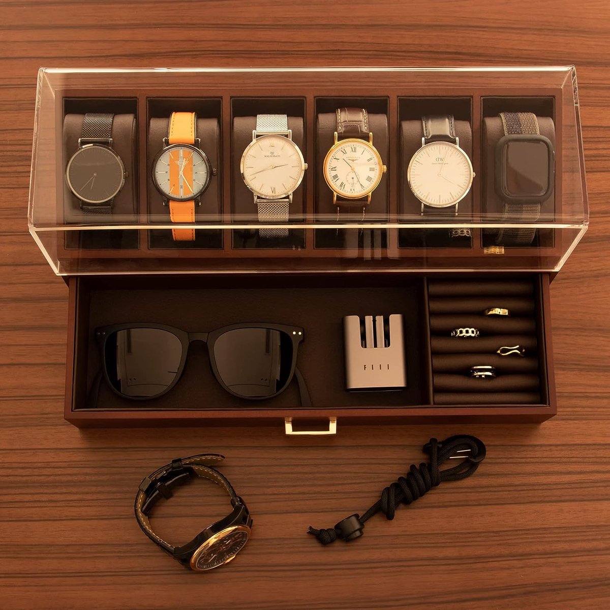 BEWISHOME Horloge Box Luxe Horloge Case -10 Slots Horloge Organizer voor Mannen met Lade, Grote Glazen Top, Kunstleer, Bruin SSH34Z