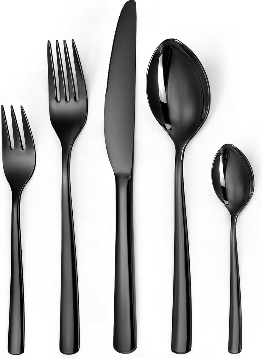 Bestekset voor 6 personen, zwart, 30-delig, roestvrijstalen bestekset, zwart, bestekset met mes, vork, lepel, hoogwaardig roestvrijstalen bestek, vaatwasmachinebestendig