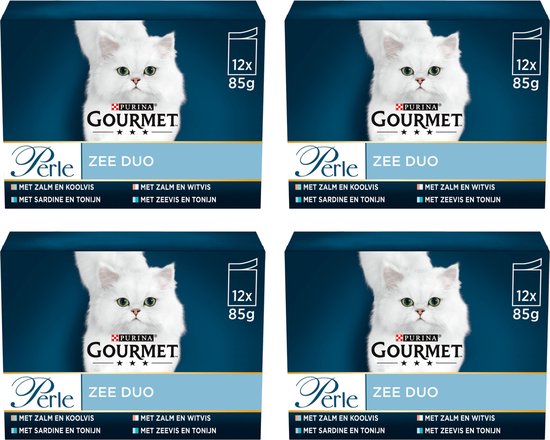 Gourmet Perle Zee Duo – Kattenvoer Natvoer - Zalm & Koolvis / Zalm & Witvis / Zeevis & Tonijn / Sardine & Tonijn – 48 x 85 g