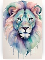 Leeuw in pasteltinten - Waterverf schilderij - Schilderij leeuwen - Vintage schilderij - Schilderijen canvas - Decoratie muur - 60 x 90 cm 18mm