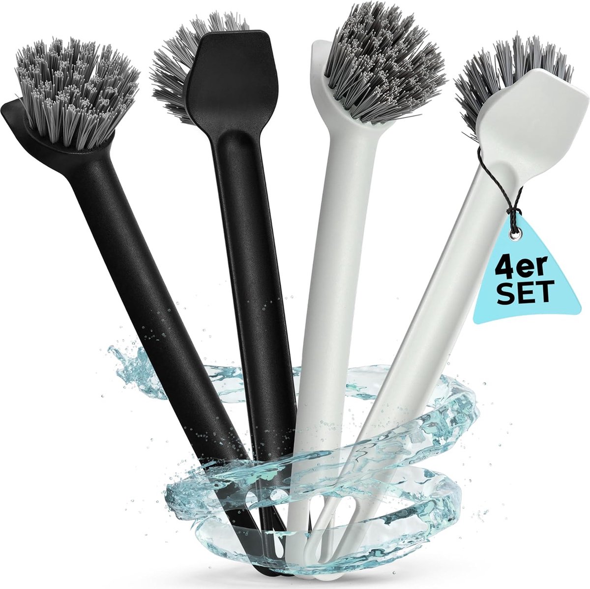 Afwasborstel gerecycled [4-delige set] met nylon borstelharen en schraper - vaatwasmachinebestendige afwasborstel in premium kwaliteit - hygiënische keukenborstel (2 x lichtgrijs / 2 x