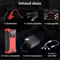 Inhoud van de doos: rode jumpstarter, startkabels, autolader, opbergkoffer, compressor en USB-kabel.